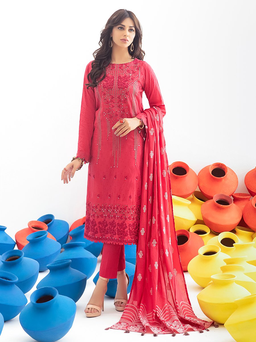 Bold Red 3pc Embroidered Jacquard Shirt With Lawn Jacquard Dupatta Dyed Cambric Trouser Signature Series Wk 00763 Salitex Summer Collection 2021