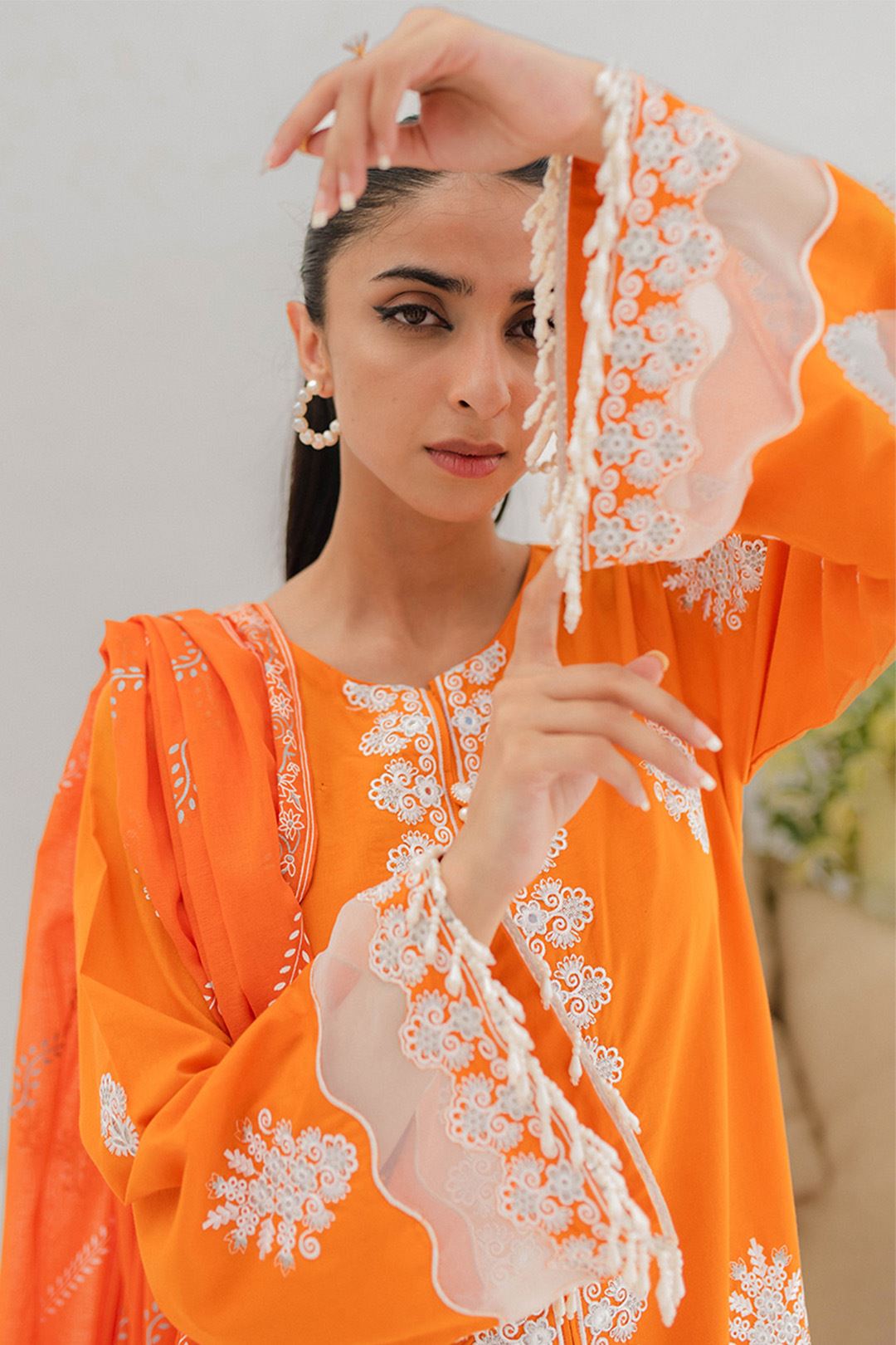 Zellbury Embroidered Shirt Shalwar Dupatta - Orange - Lawn Suit - 0283 Online Shopping