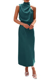 Dark Green Summer Satin Dress Mock Neck Cocktail Party Maxi Dresses - PRETTYGARDEN | Women's Dresses