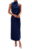 Dark Navy Summer Satin Dress Mock Neck Cocktail Party Maxi Dresses - PRETTYGARDEN | Women's Dresses
