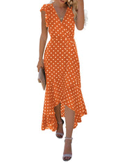 Polka Dots Orange  Women's Summer Floral Print Cross V Neck Dress Bohemian Flowy Long Maxi Dresses - GRECERELLE