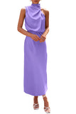 Purple Summer Satin Dress Mock Neck Cocktail Party Maxi Dresses - PRETTYGARDEN | Women's Dresses