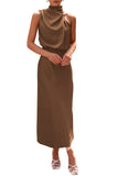 Khaki Summer Satin Dress Mock Neck Cocktail Party Maxi Dresses - PRETTYGARDEN | Women's Dresses
