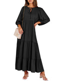 Black Boho Maxi Dress Summer V-Neck Puff Sleeve Floral Flowy Long Womens Casual Dress - Anrabess