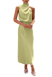 Tender Green Summer Satin Dress Mock Neck Cocktail Party Maxi Dresses - PRETTYGARDEN | Women's Dresses