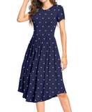 Women Short/Long Sleeve Pleated Polka Dot Pocket Swing Casual Midi Dress