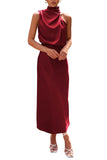 Dark Wine Red Summer Satin Dress Mock Neck Cocktail Party Maxi Dresses - PRETTYGARDEN | Women's Dresses
