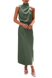 Army Green Summer Satin Dress Mock Neck Cocktail Party Maxi Dresses - PRETTYGARDEN | Women's Dresses