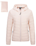 Pink fold in Pocket Women's Winter Coat Packable Lightweight Full-Zip Puffer with Hood Quilted - AmEss | Women's Coat & Jacket