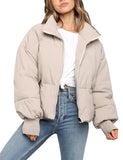 Beige Women’s Winter Jacket Coat Cropped Puffer Short Warm Quilted - Gihuo | Women's Coat & Jacket