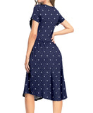 Women Short/Long Sleeve Pleated Polka Dot Pocket Swing Casual Midi Dress