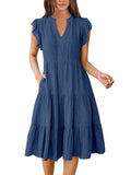 Blue Summer Boho Midi Dress – V-Neck Ruffle Sleeve Flowy Sundress Womens Casual Dress - Anrabess