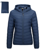 Navy New fold in Pocket Women's Winter Coat Packable Lightweight Full-Zip Puffer with Hood Quilted - AmEss | Women's Coat & Jacket