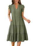 Olive Summer Boho Midi Dress – V-Neck Ruffle Sleeve Flowy Sundress Womens Casual Dress - Anrabess