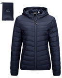 Deep Blue fold in Pocket Women's Winter Coat Packable Lightweight Full-Zip Puffer with Hood Quilted - AmEss | Women's Coat & Jacket