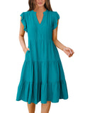 Lake Green Summer Boho Midi Dress – V-Neck Ruffle Sleeve Flowy Sundress Womens Casual Dress - Anrabess