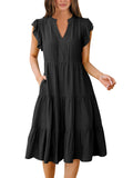 Black Summer Boho Midi Dress – V-Neck Ruffle Sleeve Flowy Sundress Womens Casual Dress - Anrabess