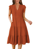 Rust Summer Boho Midi Dress – V-Neck Ruffle Sleeve Flowy Sundress Womens Casual Dress - Anrabess