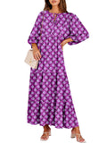 Purple Boho Maxi Dress Summer V-Neck Puff Sleeve Floral Flowy Long Womens Casual Dress - Anrabess