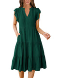 Deep Green Summer Boho Midi Dress – V-Neck Ruffle Sleeve Flowy Sundress Womens Casual Dress - Anrabess