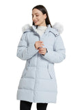 Light Blue Women's Winter Jacket Puffer Coat Warm with Faux Fur Removable Hood - AmEss | Women's Coat & Jacket