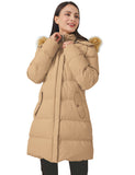 Light Tan Women's Winter Jacket Puffer Coat Warm with Faux Fur Removable Hood - AmEss | Women's Coat & Jacket