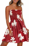 Wine Red Flower Summer Boho Floral Strapless Sundress – Women's Beach Cover-Up Womens Casual Dress - Chicgal