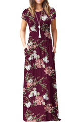 Wine Red Floral Maxi Dress Summer Casual Long Dresses for Laydies with Pockets - GRECERELLE