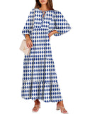 Blue Boho Maxi Dress Summer V-Neck Puff Sleeve Floral Flowy Long Womens Casual Dress - Anrabess