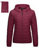 Dark Red fold in Pocket Women's Winter Coat Packable Lightweight Full-Zip Puffer with Hood Quilted - AmEss | Women's Coat & Jacket