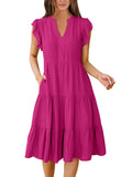 Hot Pink Summer Boho Midi Dress – V-Neck Ruffle Sleeve Flowy Sundress Womens Casual Dress - Anrabess