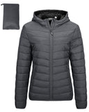 Dark Grey Heather fold in Pocket Women's Winter Coat Packable Lightweight Full-Zip Puffer with Hood Quilted - AmEss | Women's Coat & Jacket