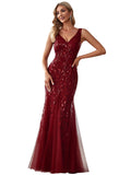 Burgundy Women's Double V-Neck Sleeveless Mermaid Dress Evening Maxi Dress - Ever-pretty