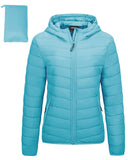 Light Blue fold in Pocket Women's Winter Coat Packable Lightweight Full-Zip Puffer with Hood Quilted - AmEss | Women's Coat & Jacket