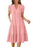 Peach Summer Boho Midi Dress – V-Neck Ruffle Sleeve Flowy Sundress Womens Casual Dress - Anrabess