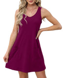 Plain Burgundy Loose V Neck Sleeveless with Pockets - Ofeefan | Women's Dresses