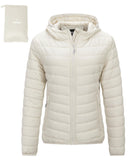 Beige fold in Pocket Women's Winter Coat Packable Lightweight Full-Zip Puffer with Hood Quilted - AmEss | Women's Coat & Jacket