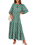 Green Boho Maxi Dress Summer V-Neck Puff Sleeve Floral Flowy Long Womens Casual Dress - Anrabess