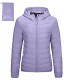 Lavender fold in Pocket Women's Winter Coat Packable Lightweight Full-Zip Puffer with Hood Quilted - AmEss | Women's Coat & Jacket