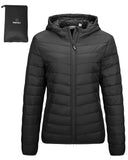 Black New fold in Pocket Women's Winter Coat Packable Lightweight Full-Zip Puffer with Hood Quilted - AmEss | Women's Coat & Jacket