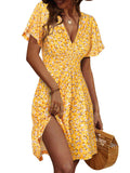 Yello A-Line Midi Dress Sundress Summer Floral Short Sleeve - FENSACE | Women's Dresses