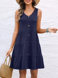 Deep Blue Casual Sleeveless V Neck A Line Loose Dress with Pockets - ANRABESS | Women's Dresses