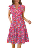 Red Floral Summer Boho Midi Dress – V-Neck Ruffle Sleeve Flowy Sundress Womens Casual Dress - Anrabess