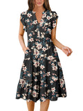 Black Yellow Flower Summer Boho Midi Dress – V-Neck Ruffle Sleeve Flowy Sundress Womens Casual Dress - Anrabess