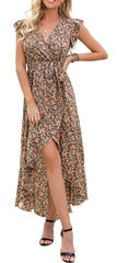 Pastoral Coffee  Women's Summer Floral Print Cross V Neck Dress Bohemian Flowy Long Maxi Dresses - GRECERELLE