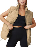 Khaki Womens Zip Jacket Coat Up Puffer Vest Stand Collar - Athlisan | Women's Coat & Jacket