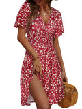 Red A-Line Midi Dress Sundress Summer Floral Short Sleeve - FENSACE | Women's Dresses