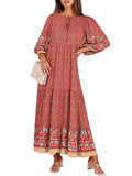 Wine Red Boho Maxi Dress Summer V-Neck Puff Sleeve Floral Flowy Long Womens Casual Dress - Anrabess