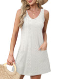 Eyelet White Loose V Neck Sleeveless with Pockets - Ofeefan | Women's Dresses