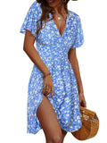 Light Blue A-Line Midi Dress Sundress Summer Floral Short Sleeve - FENSACE | Women's Dresses